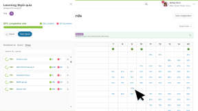 Educator account in Xello. The Completion Standards report page is open. The cursor is clicking on a task that has 57% progress. There's a side panel that shows that Learning Style quiz is 56% complete by students. There are breakdowns by group available